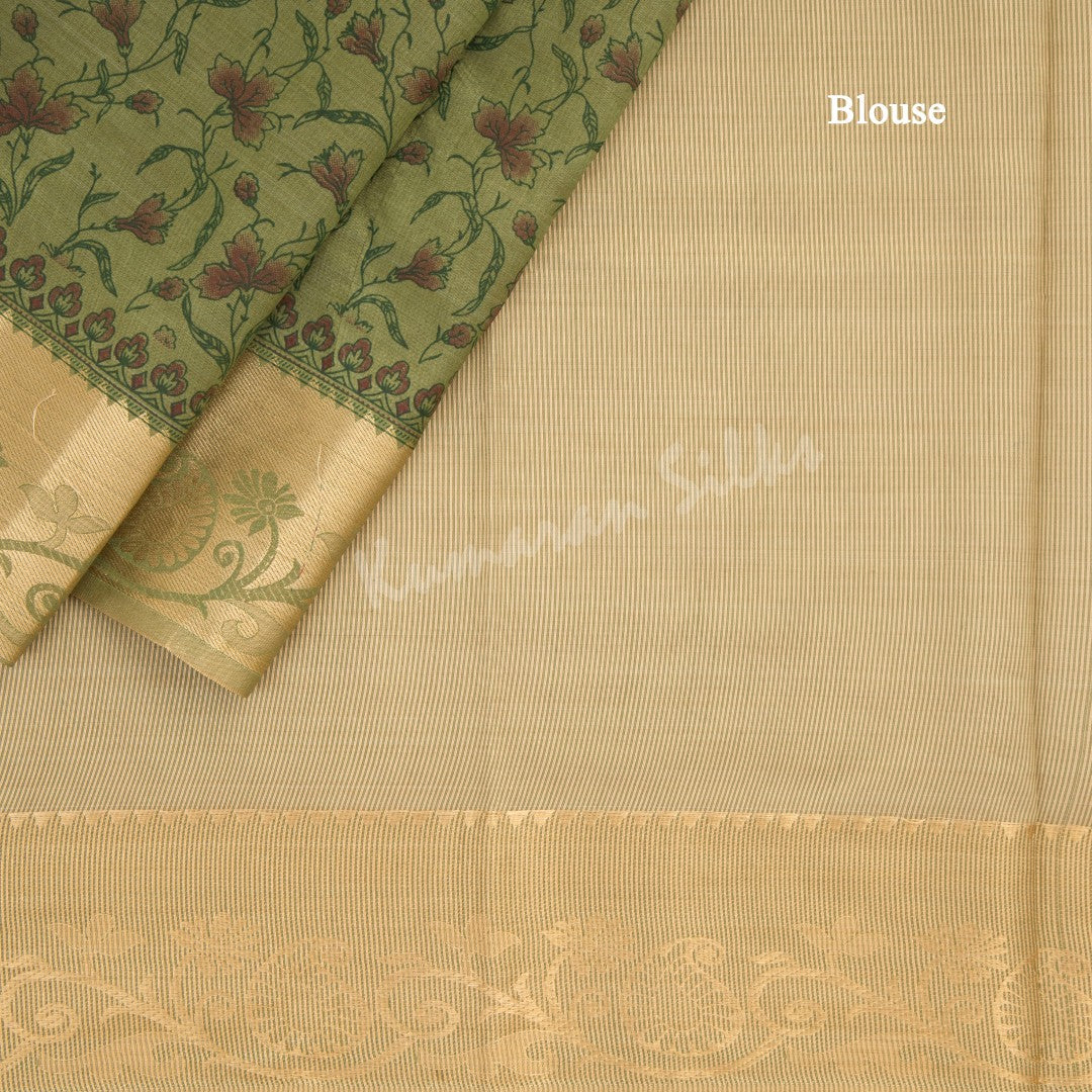 Chanderi Cotton Printed Olive Green Saree 02 - Kumaran Silks