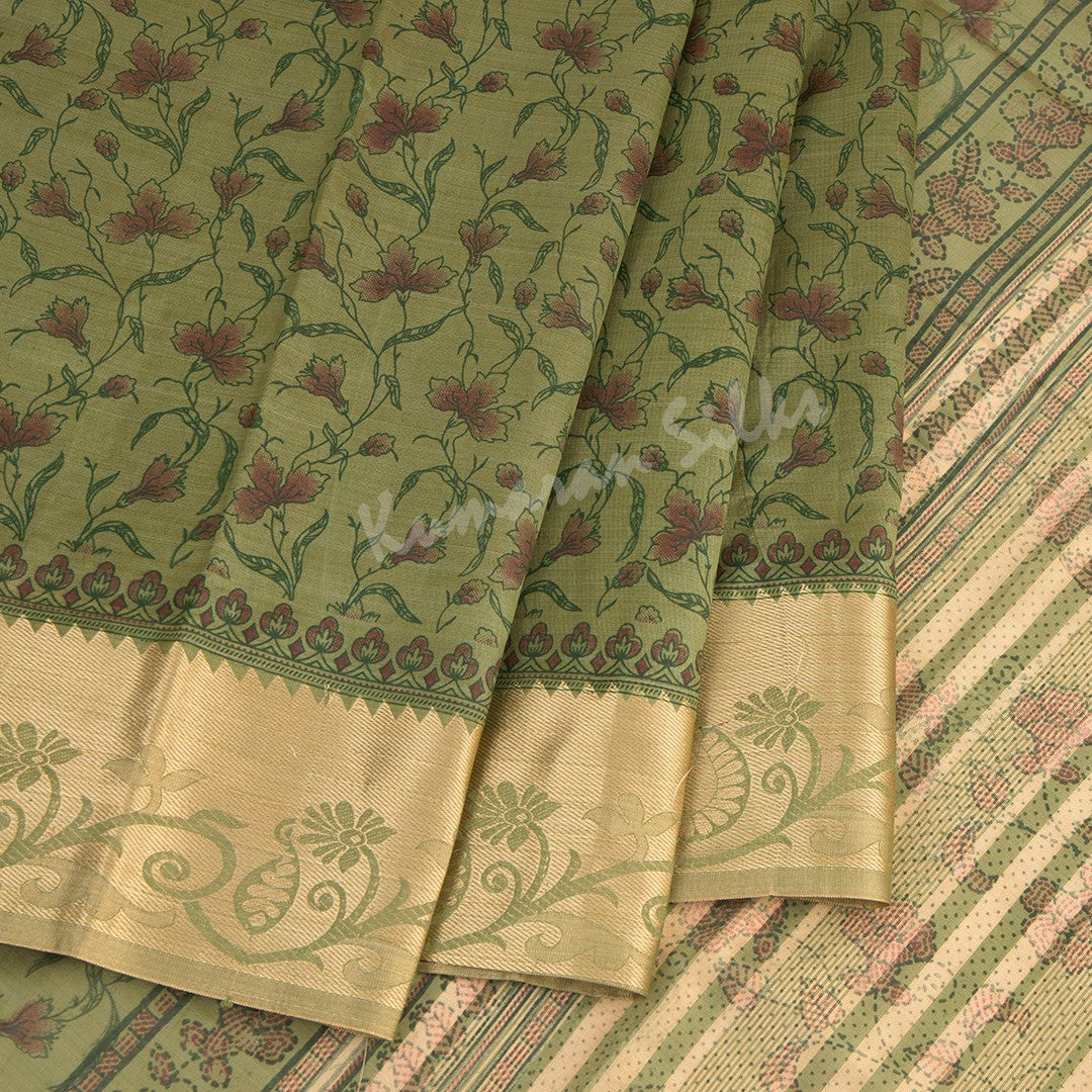 Chanderi Cotton Printed Olive Green Saree 02 - Kumaran Silks