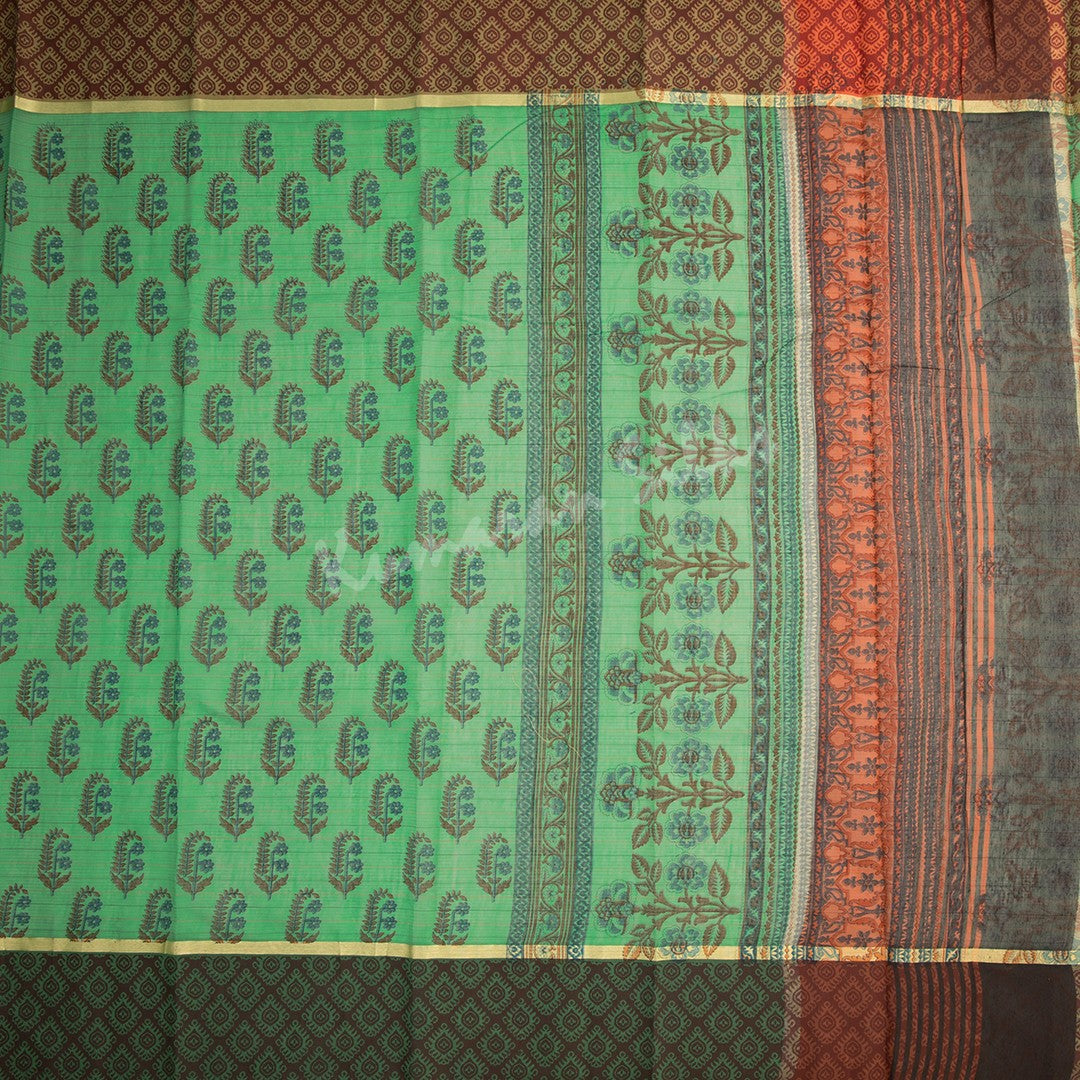 Chanderi Cotton Printed Parrot Green Saree - Kumaran Silks