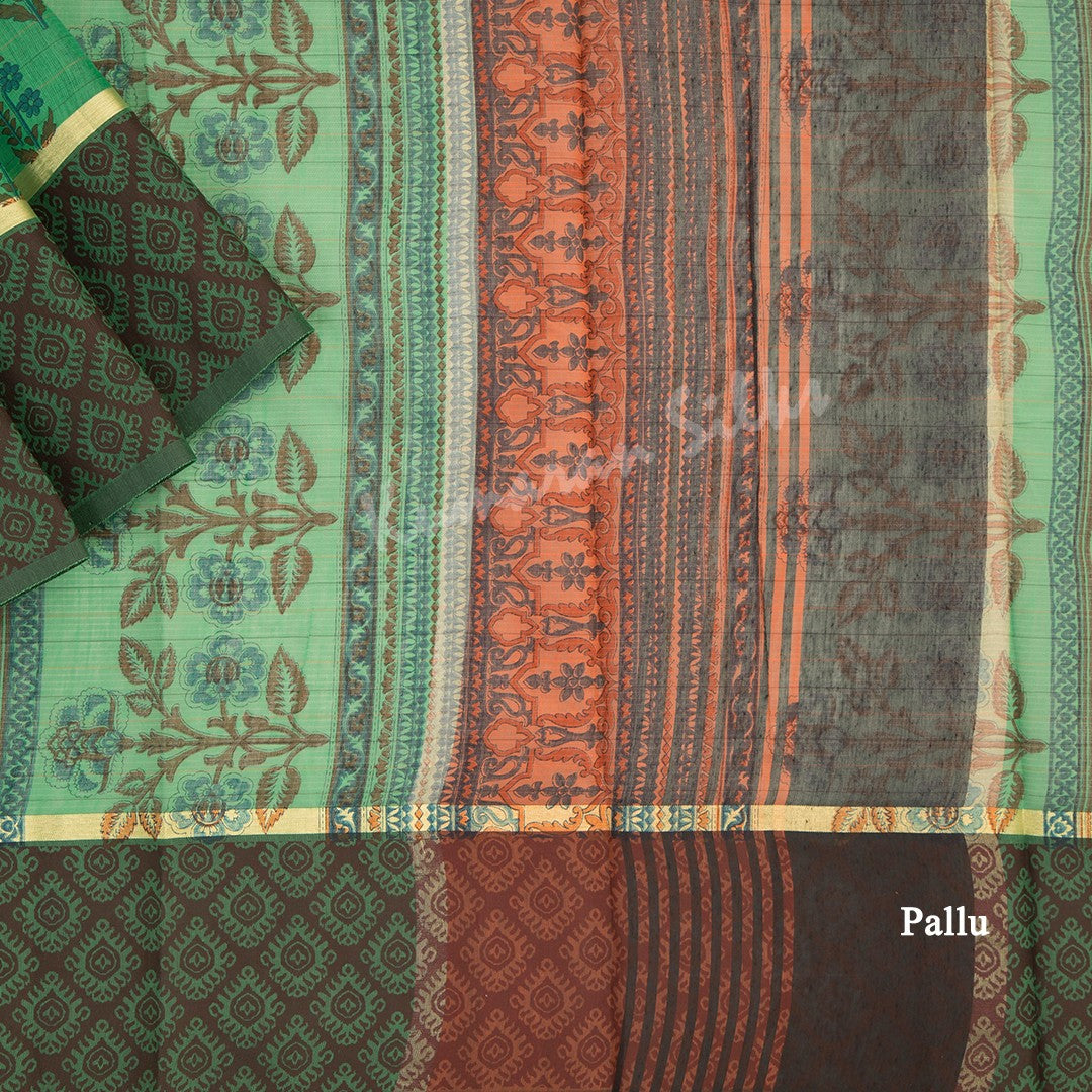 Chanderi Cotton Printed Parrot Green Saree - Kumaran Silks