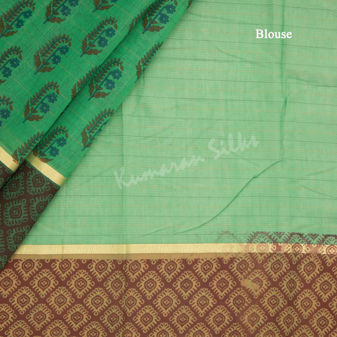 Chanderi Cotton Printed Parrot Green Saree - Kumaran Silks