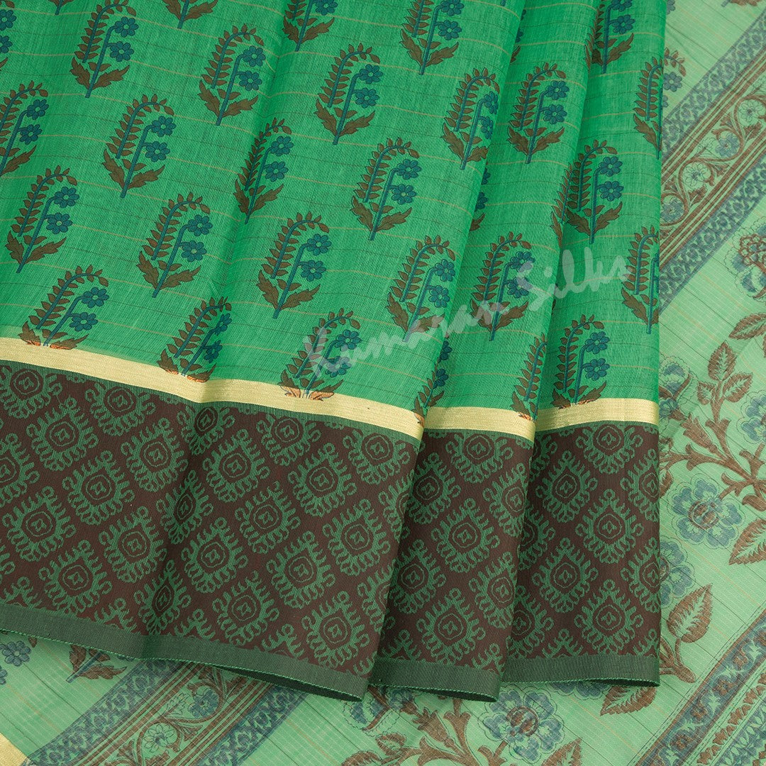 Chanderi Cotton Printed Parrot Green Saree - Kumaran Silks