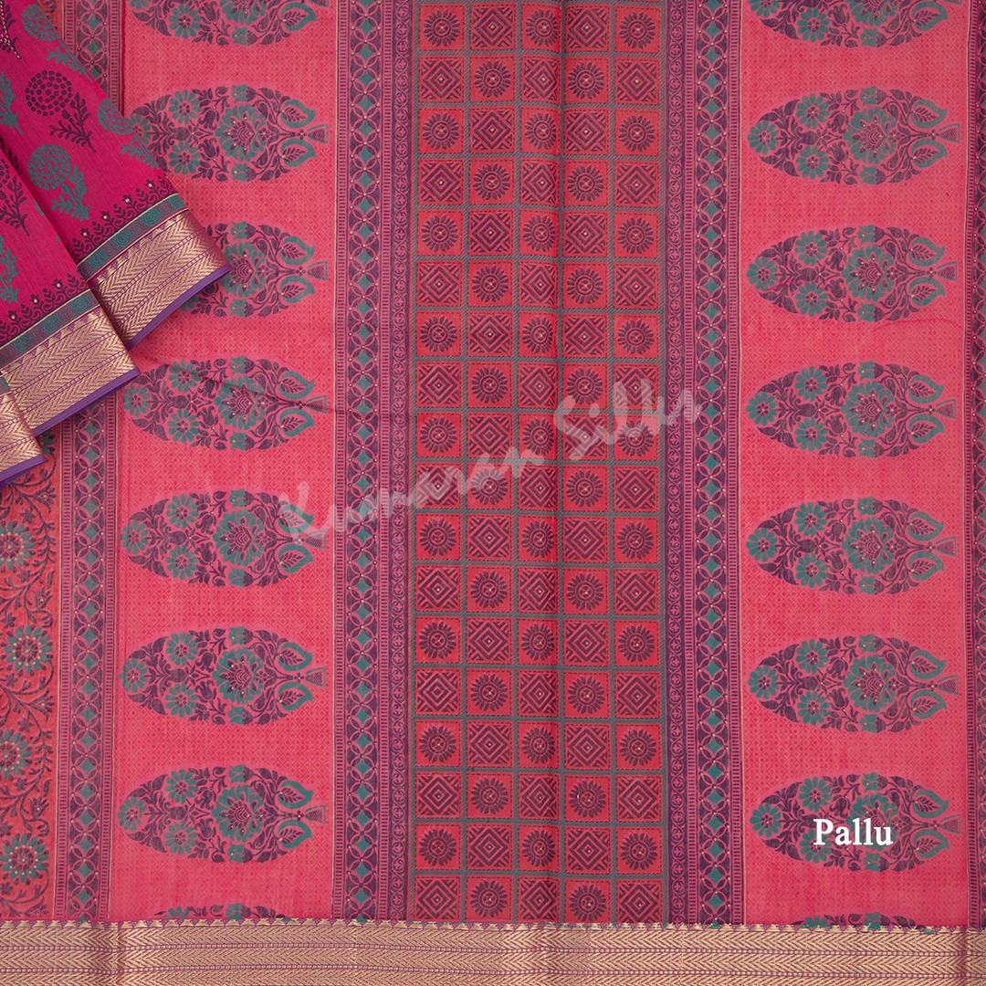 Chanderi Cotton Printed Hot Pink Saree 04 - Kumaran Silks