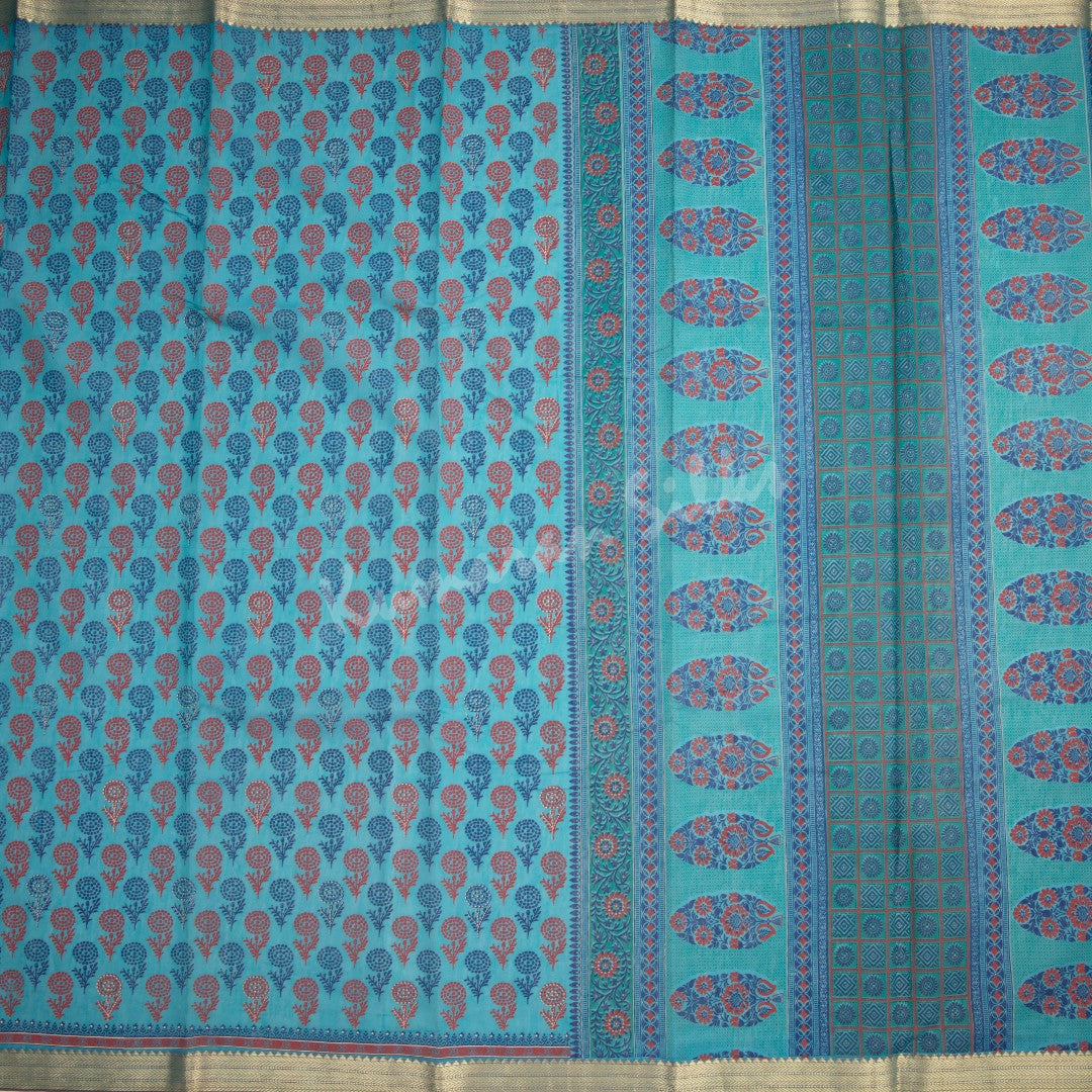 Chanderi Cotton Printed Peacock Blue Saree - Kumaran Silks