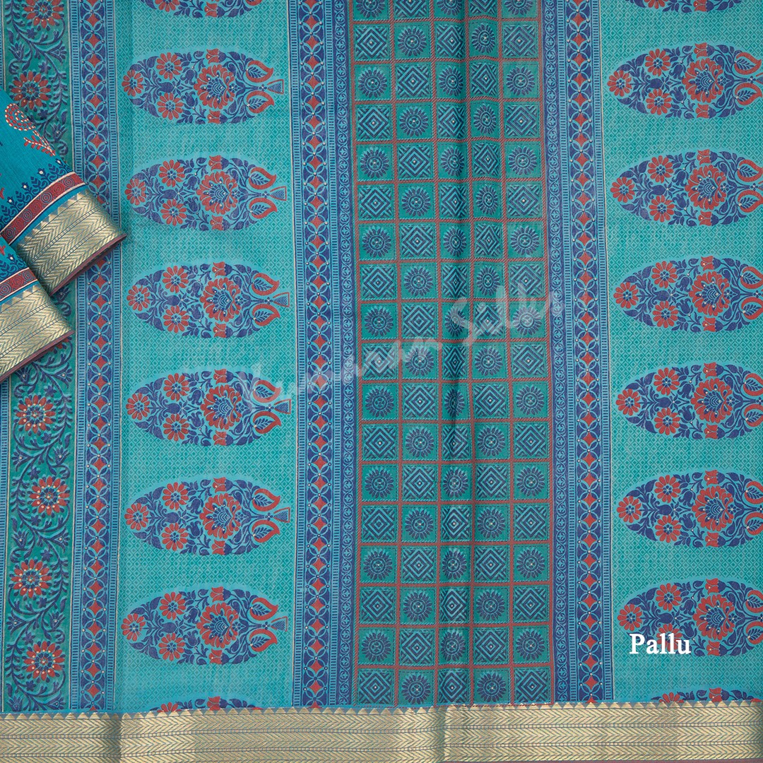 Chanderi Cotton Printed Peacock Blue Saree - Kumaran Silks