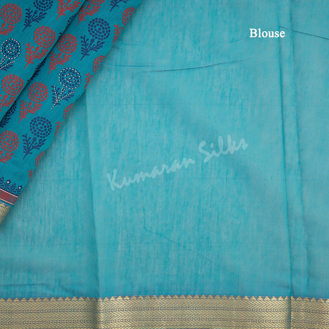 Chanderi Cotton Printed Peacock Blue Saree - Kumaran Silks