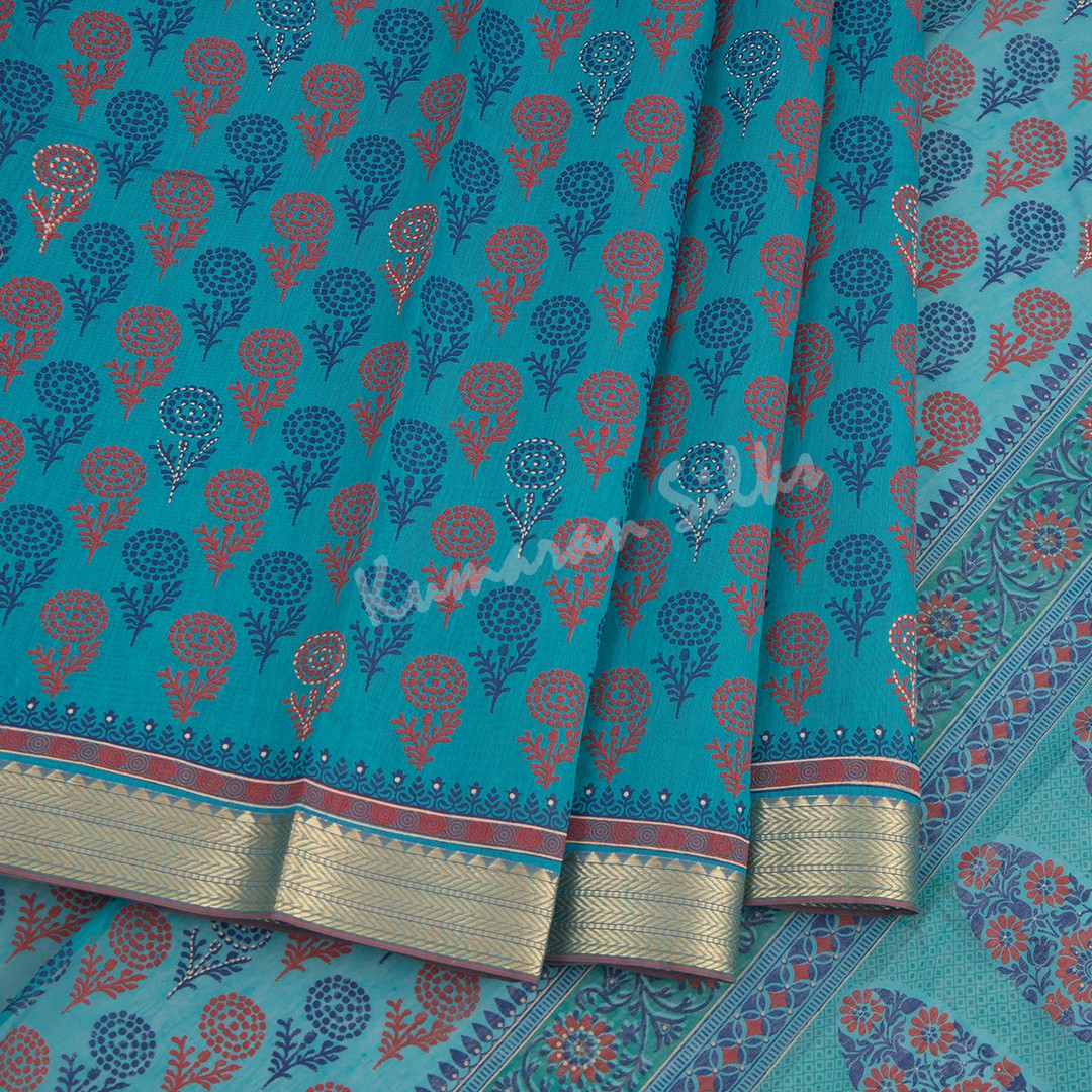 Chanderi Cotton Printed Peacock Blue Saree - Kumaran Silks