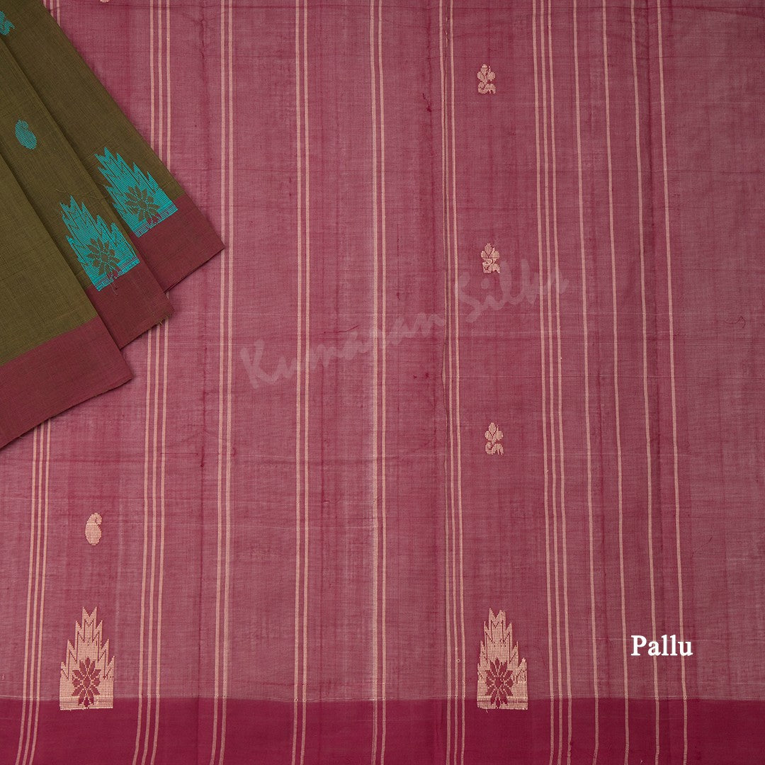 Kanchi Cotton Olive Green Thread Worked Saree