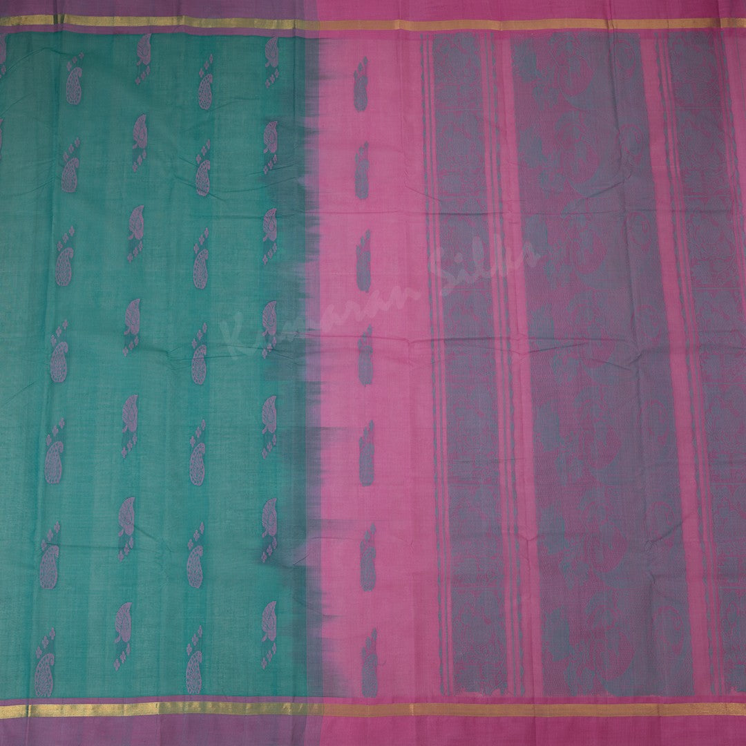 Kanchi Cotton Peacock Green Thread Worked Saree