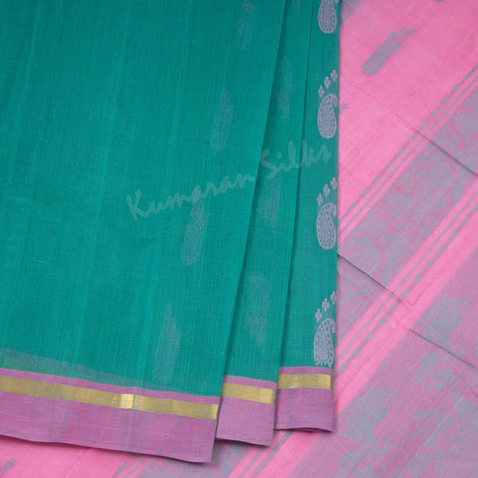 Kanchi Cotton Peacock Green Thread Worked Saree