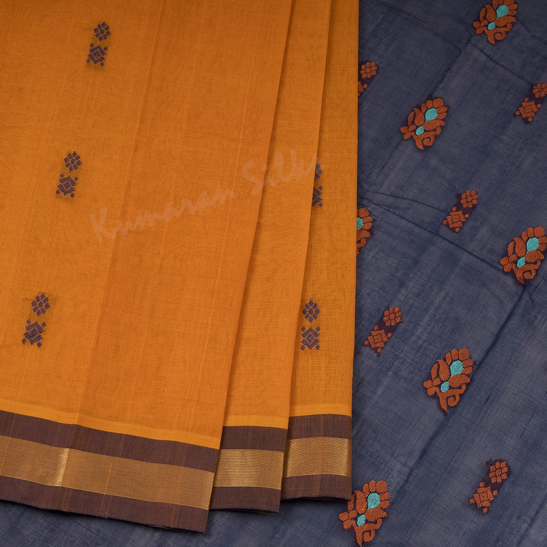 Kanchi Cotton Mango Yellow Thread Worked Saree 02