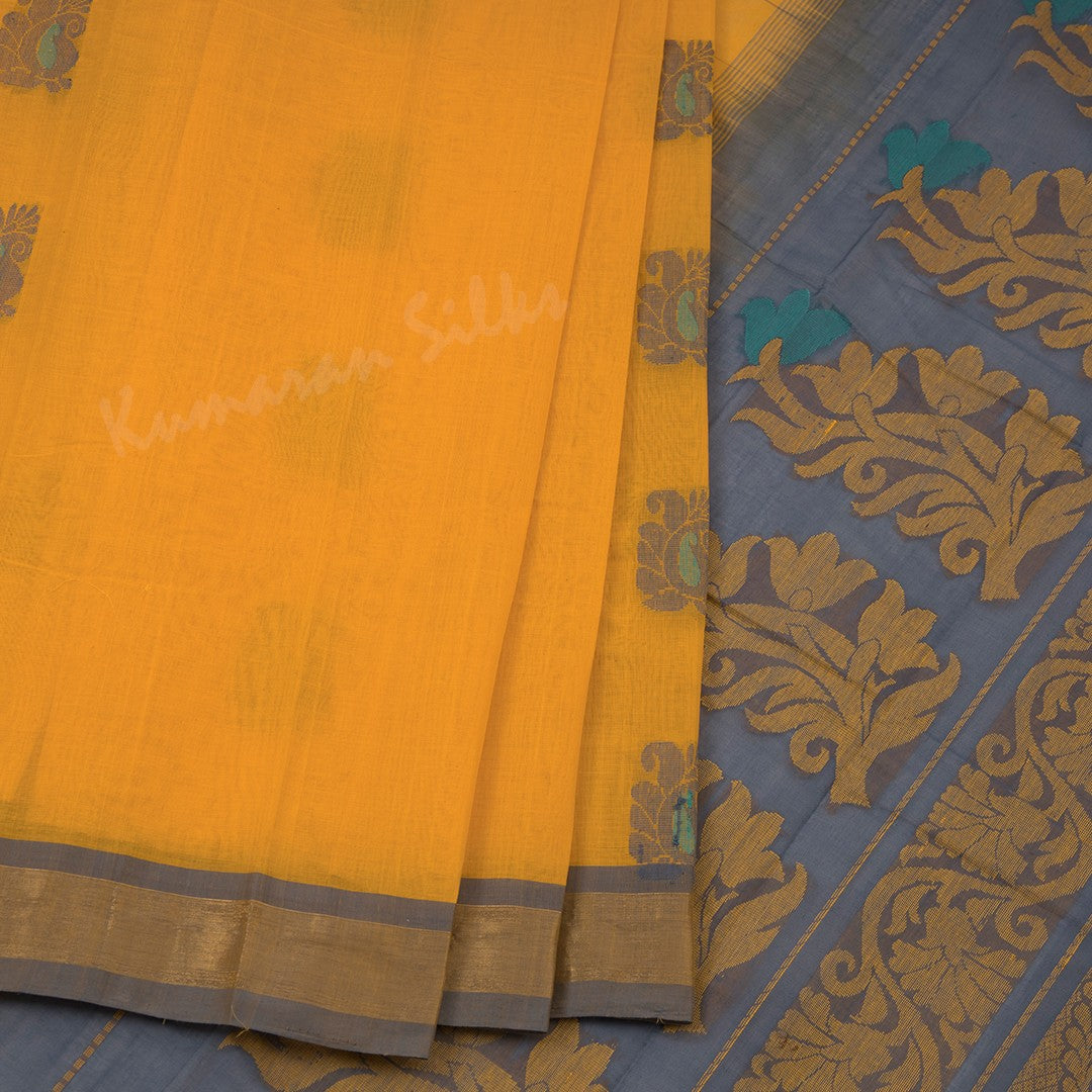 Kanchi Cotton Mango Yellow Thread Worked Saree 03