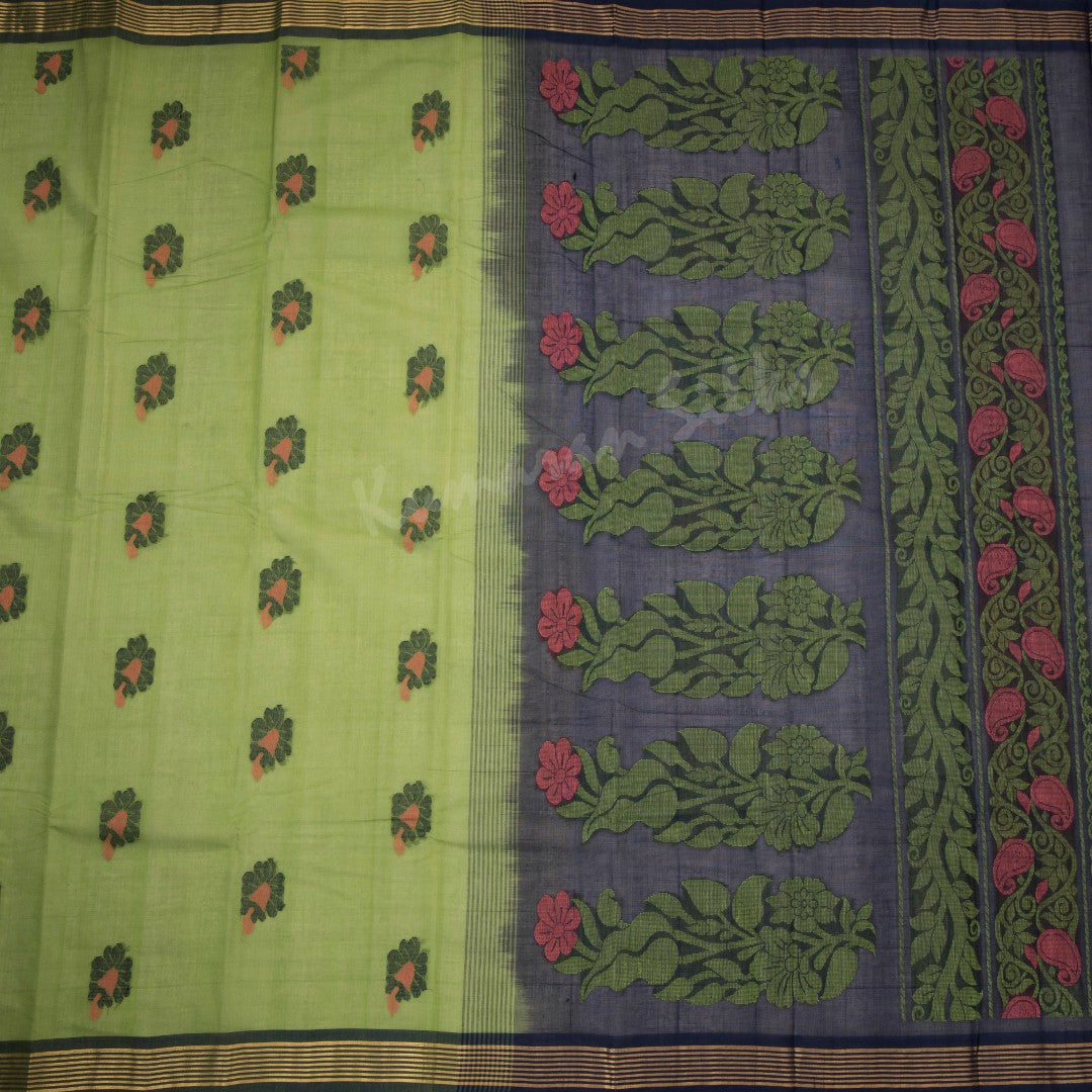 Kanchi Cotton Parrot Green Thread Worked Saree