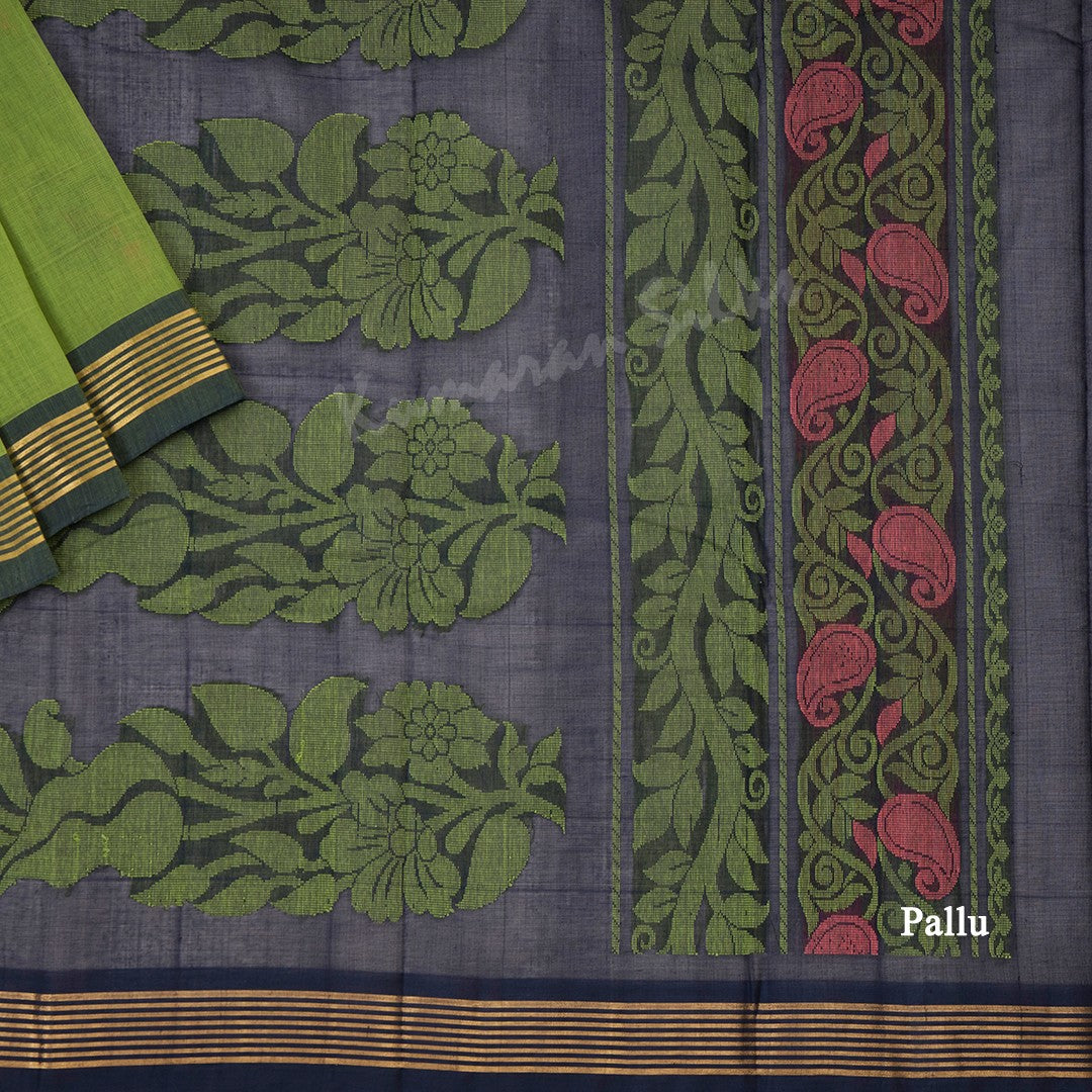 Kanchi Cotton Parrot Green Thread Worked Saree