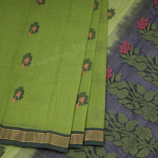 Kanchi Cotton Parrot Green Thread Worked Saree