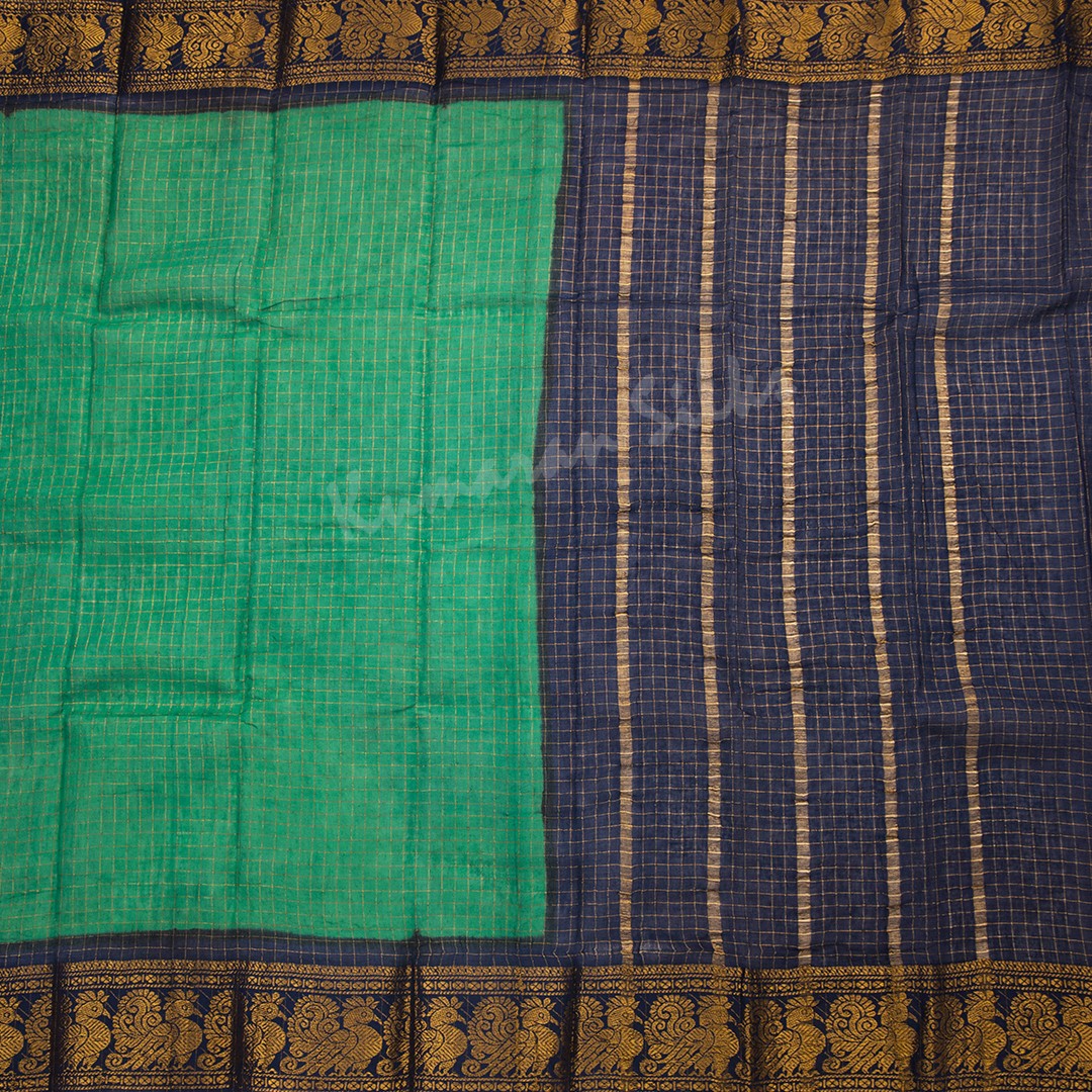 Sungudi Cotton Parrot Green Zari Checked Saree Without Blouse