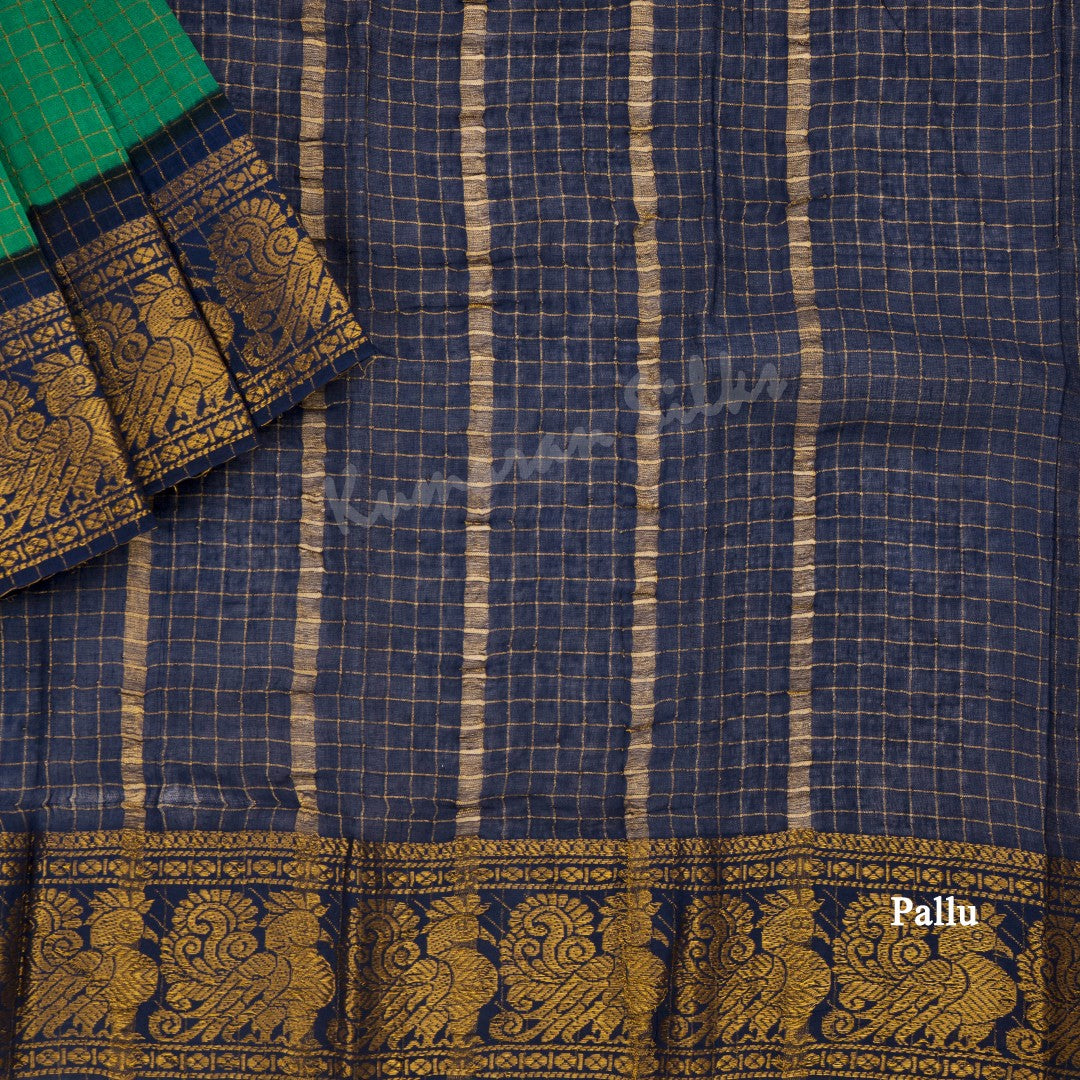 Sungudi Cotton Parrot Green Zari Checked Saree Without Blouse