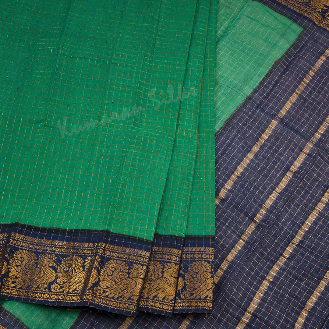 Sungudi Cotton Parrot Green Zari Checked Saree Without Blouse