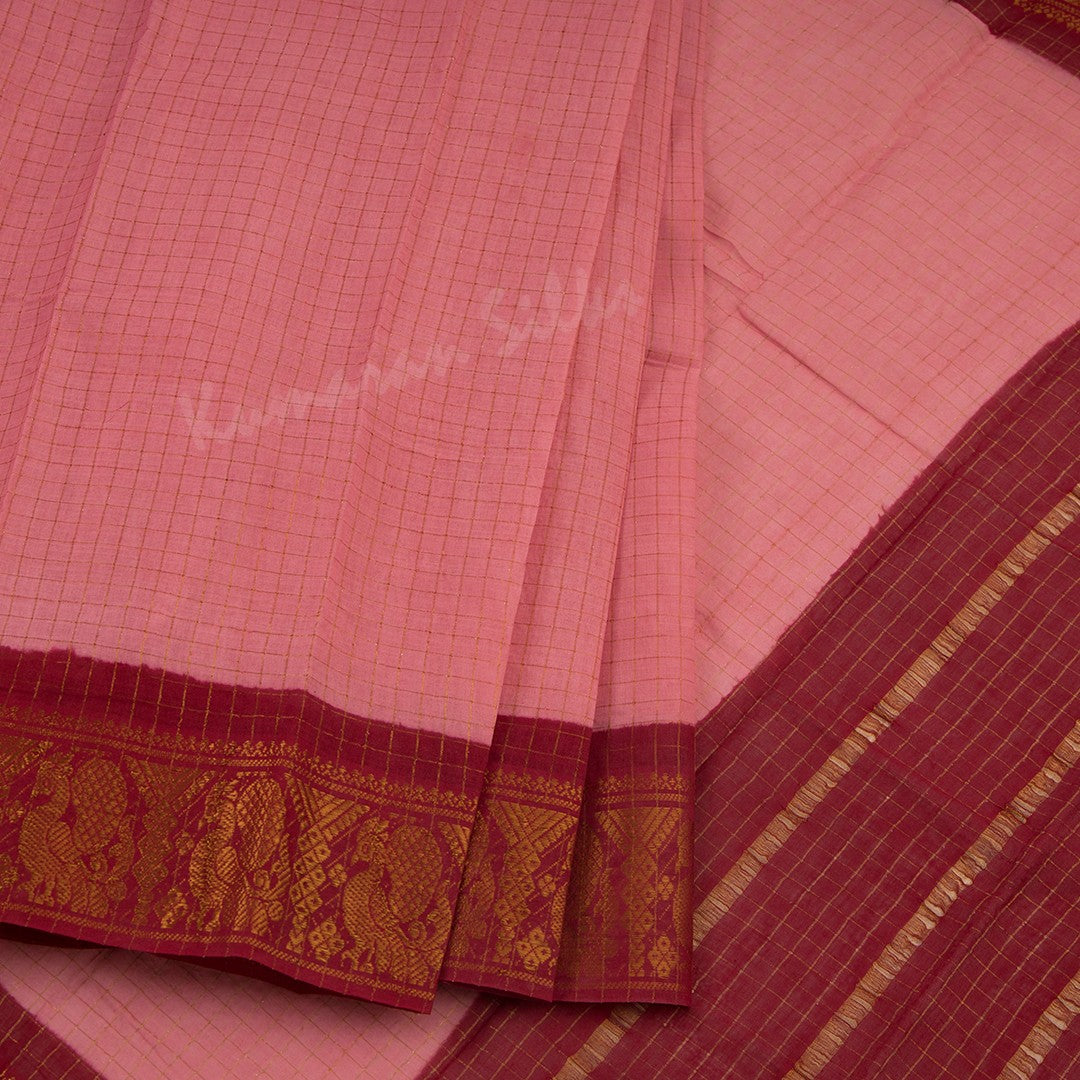 Sungudi Cotton Rose Pink Zari Checked Saree Without Blouse