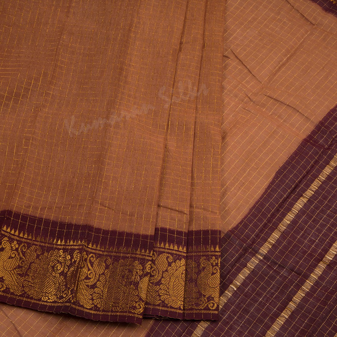 Sungudi Cotton Brown Zari Checked Saree Without Blouse