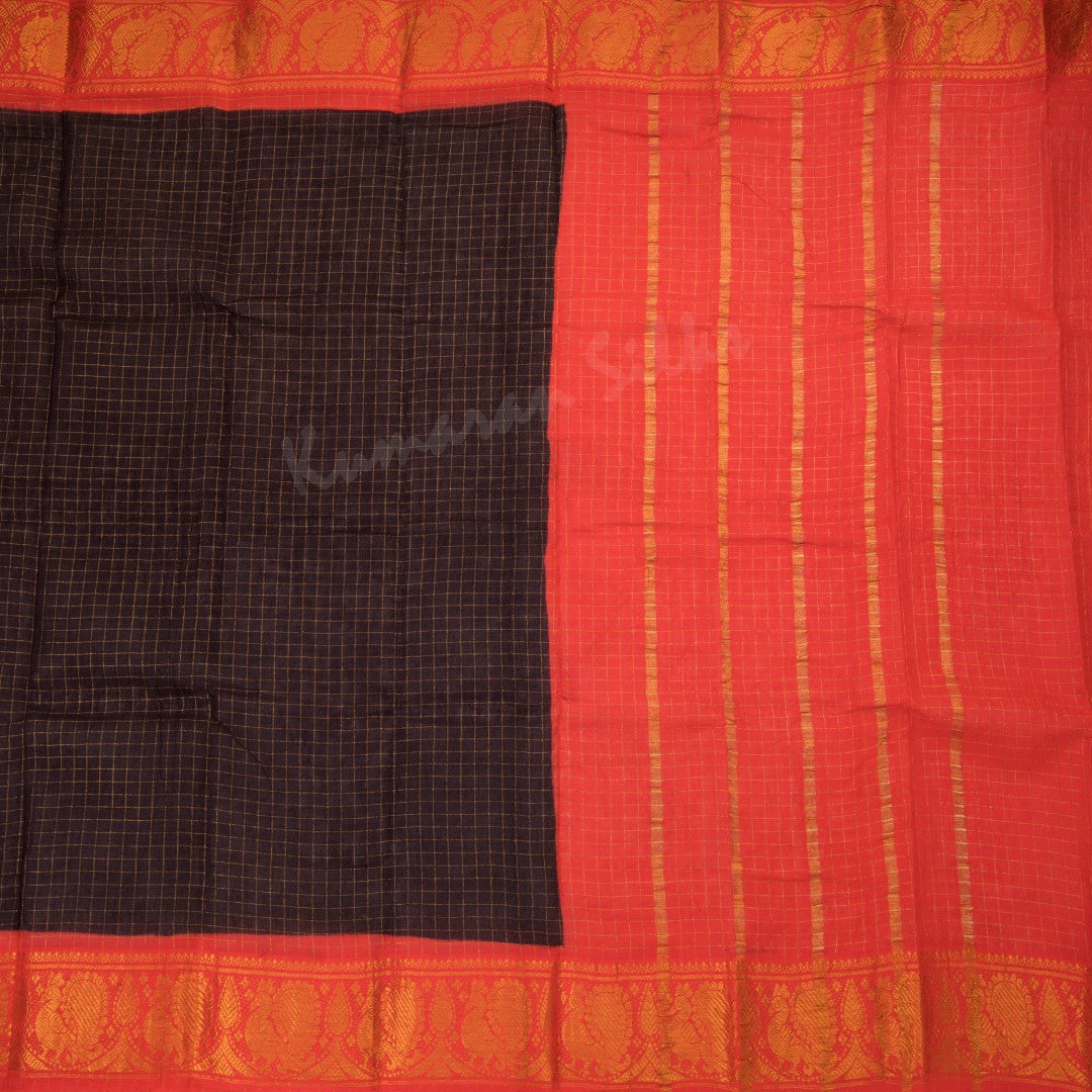 Sungudi Cotton Dark Brown Zari Checked Saree Without Blouse