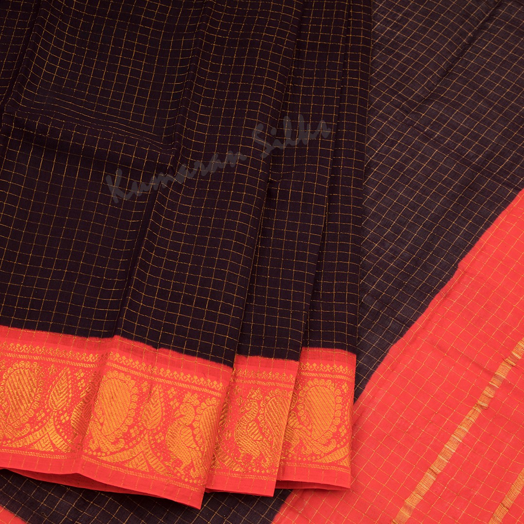 Sungudi Cotton Dark Brown Zari Checked Saree Without Blouse