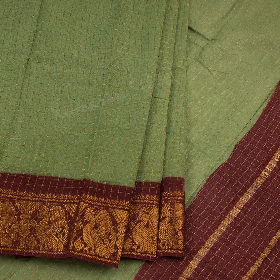 Sungudi Cotton Light Green Zari Checked Saree Without Blouse