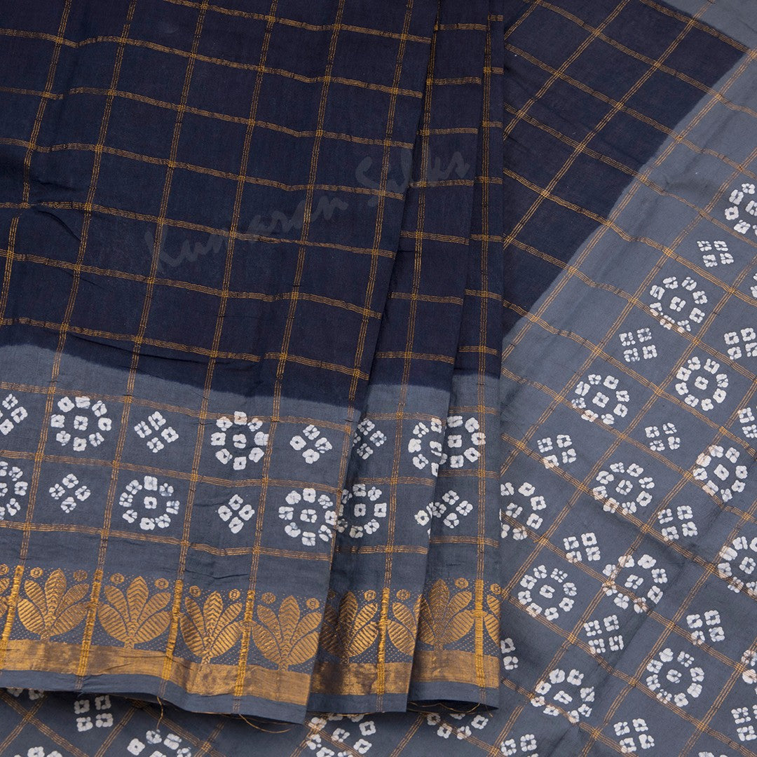 Sungudi Cotton Navy Blue Zari Checked Saree Without Blouse