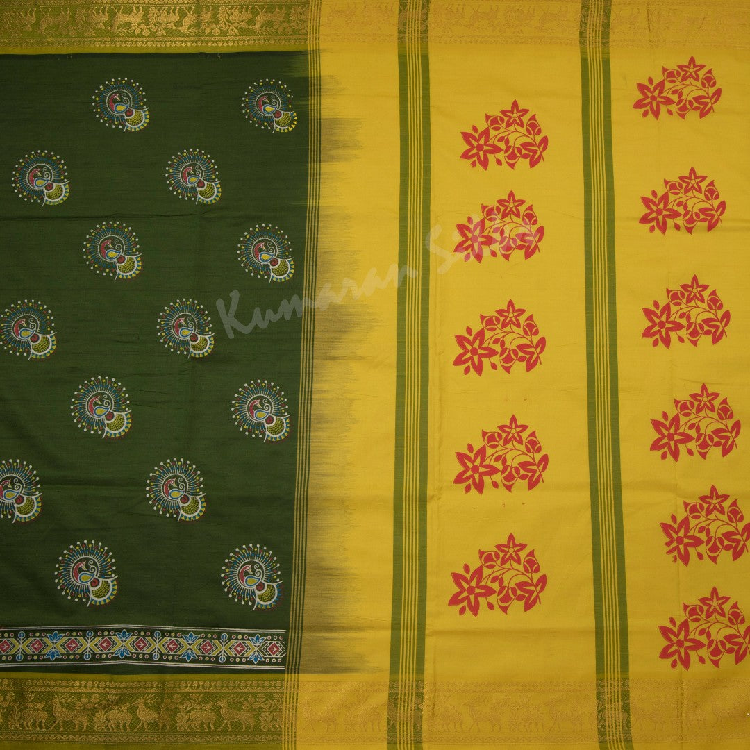 Poly Cotton Olive Green Floral Printed Saree