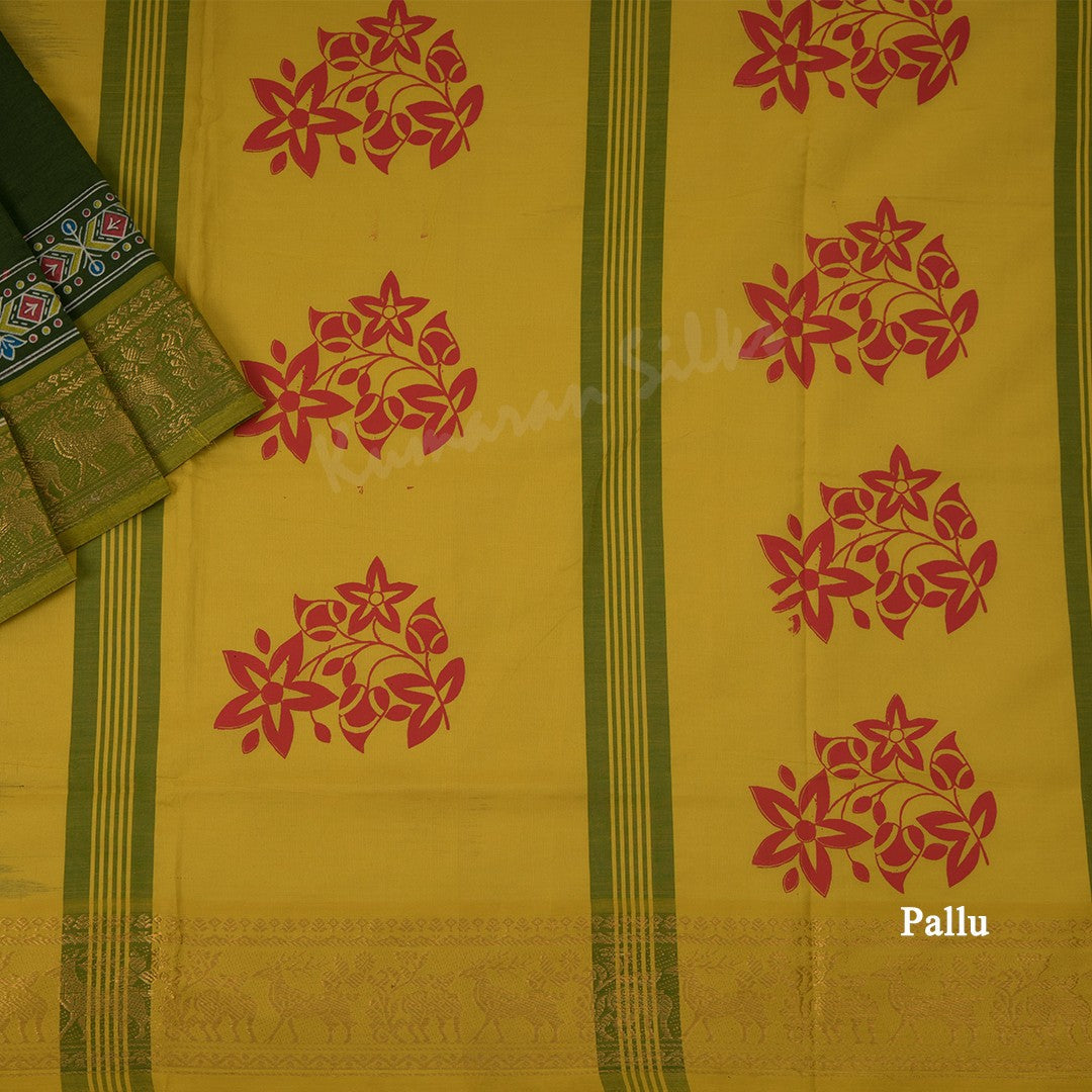 Poly Cotton Olive Green Floral Printed Saree