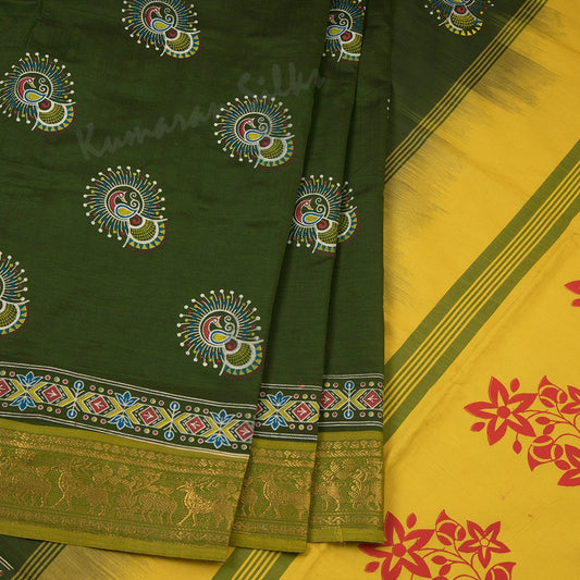 Poly Cotton Olive Green Floral Printed Saree