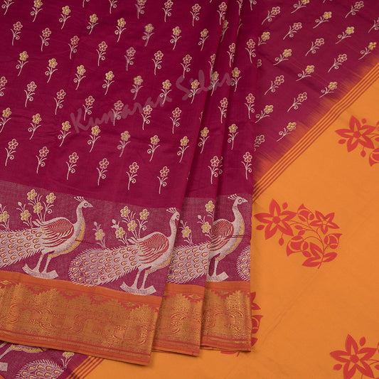 Poly Cotton Dark Pink Floral Printed Saree