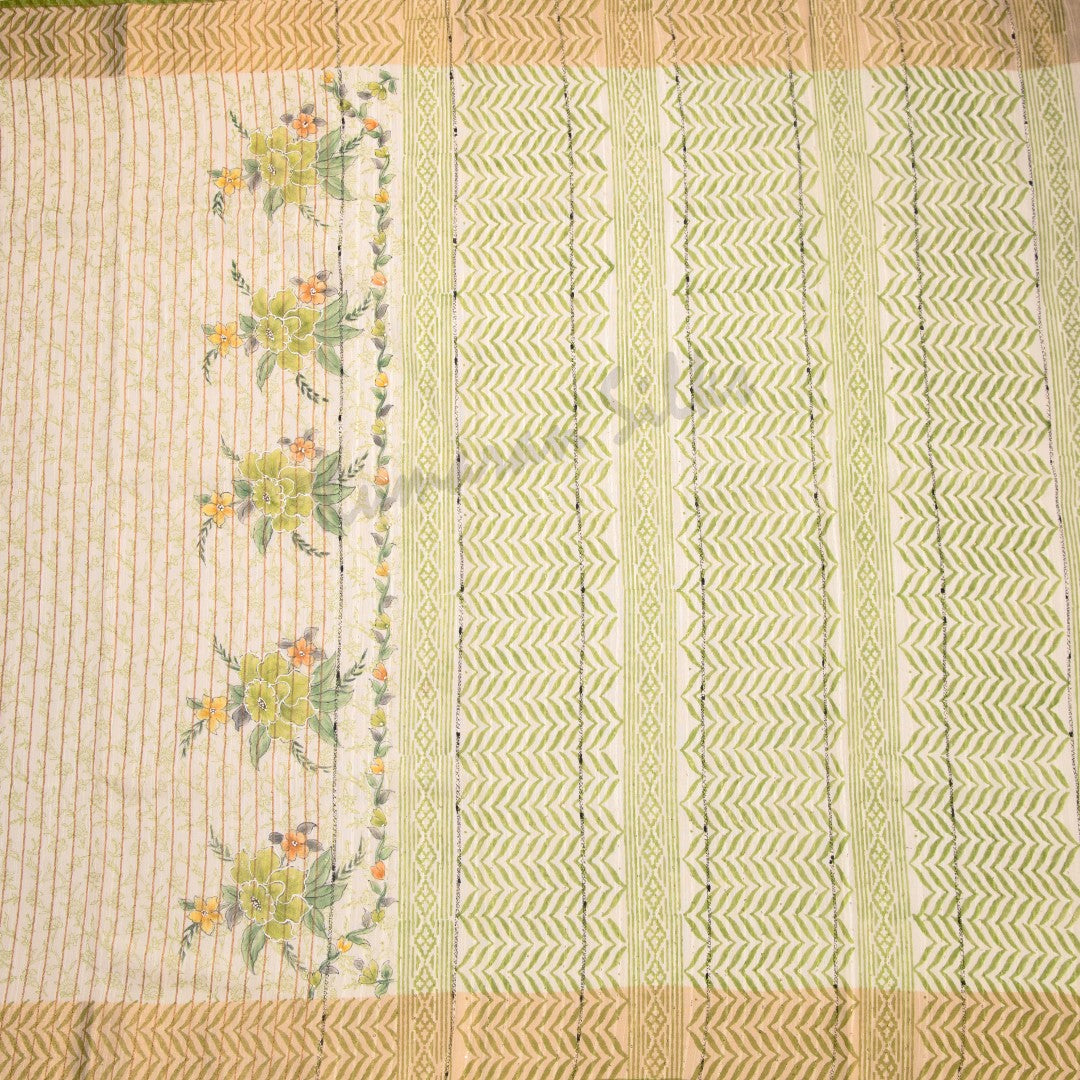 Semi Linen Cream Striped Printed Saree 02