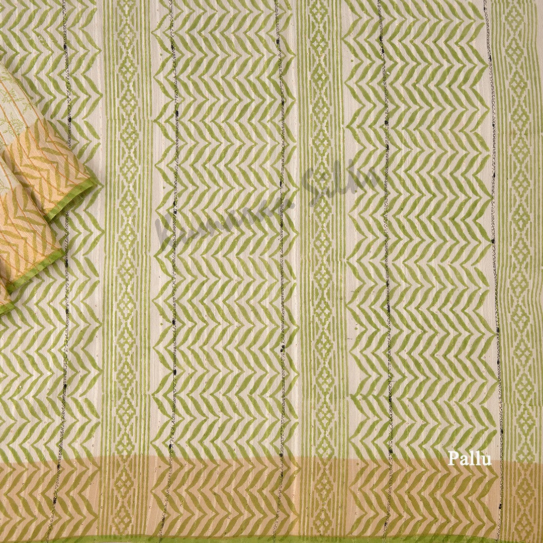 Semi Linen Cream Striped Printed Saree 02