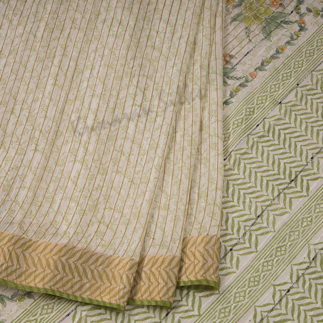 Semi Linen Cream Striped Printed Saree 02