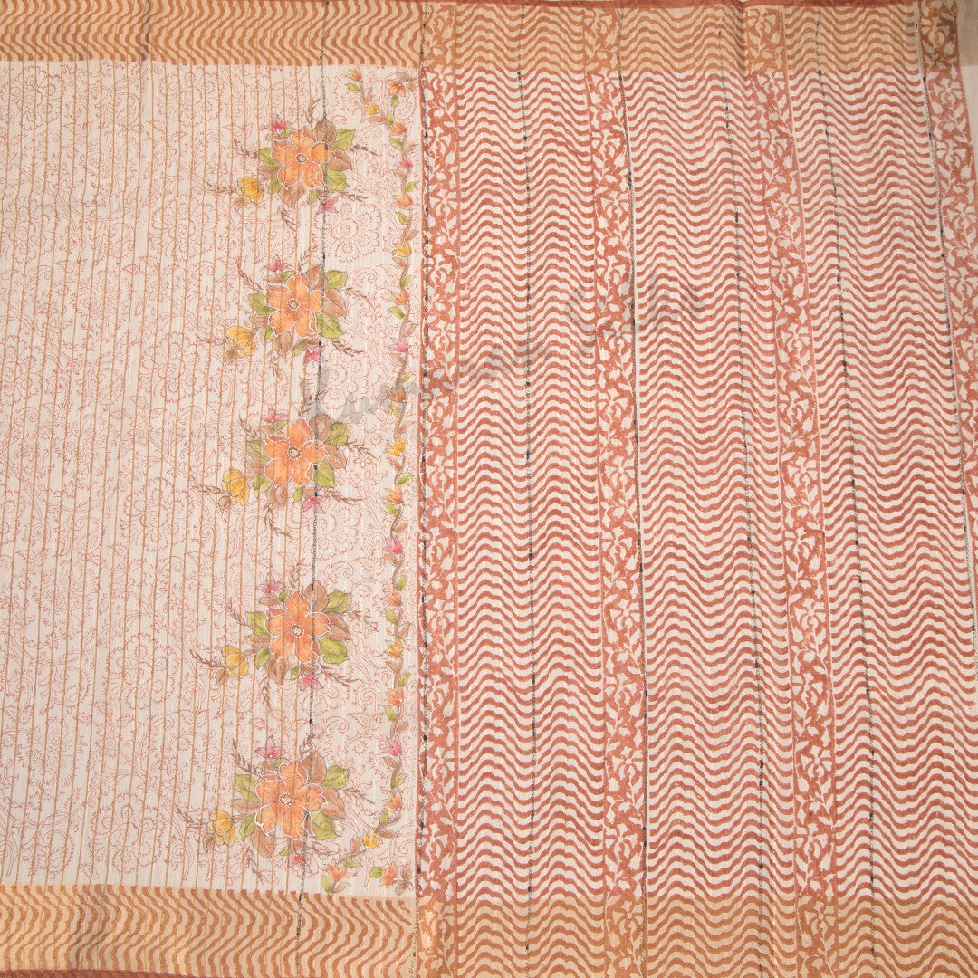 Semi Linen Cream Striped Printed Saree 03