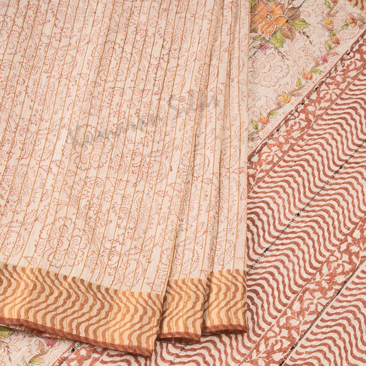 Semi Linen Cream Striped Printed Saree 03