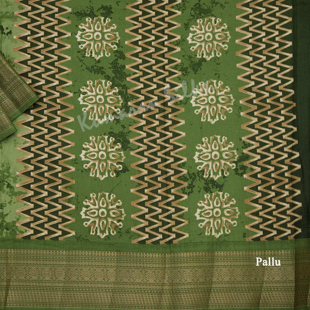 Semi Raw Silk Parrot Green Printed Saree