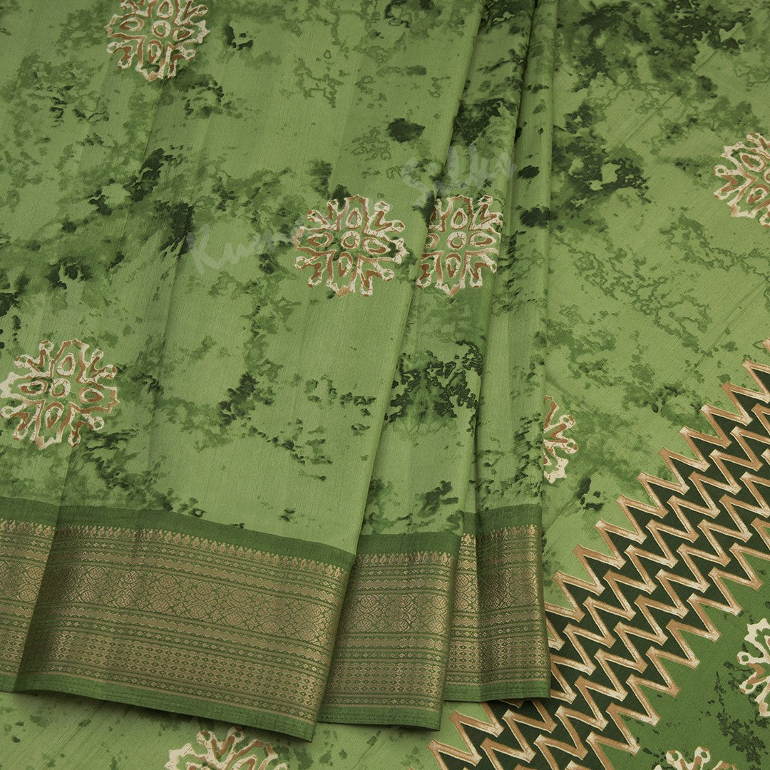 Semi Raw Silk Parrot Green Printed Saree