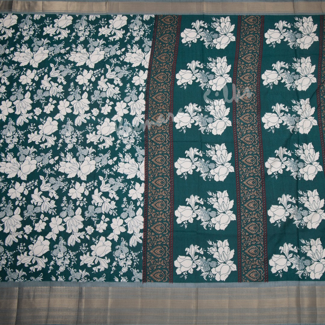 Semi Raw Silk Peacock Green Printed Saree