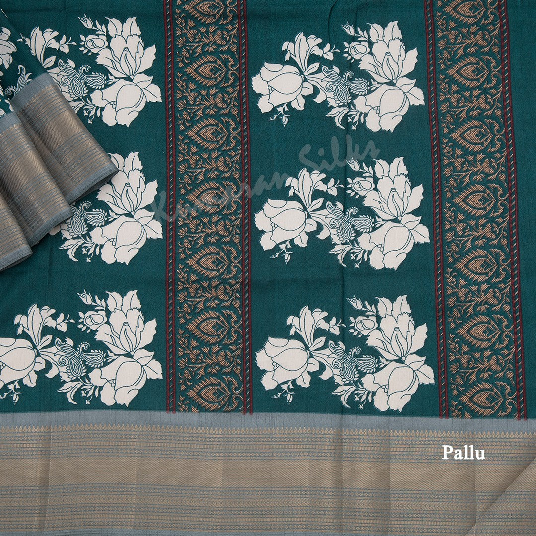 Semi Raw Silk Peacock Green Printed Saree