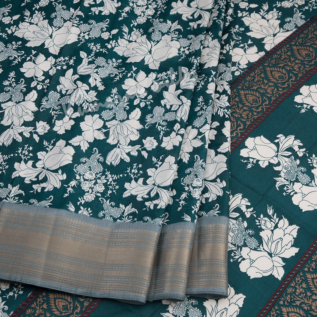 Semi Raw Silk Peacock Green Printed Saree