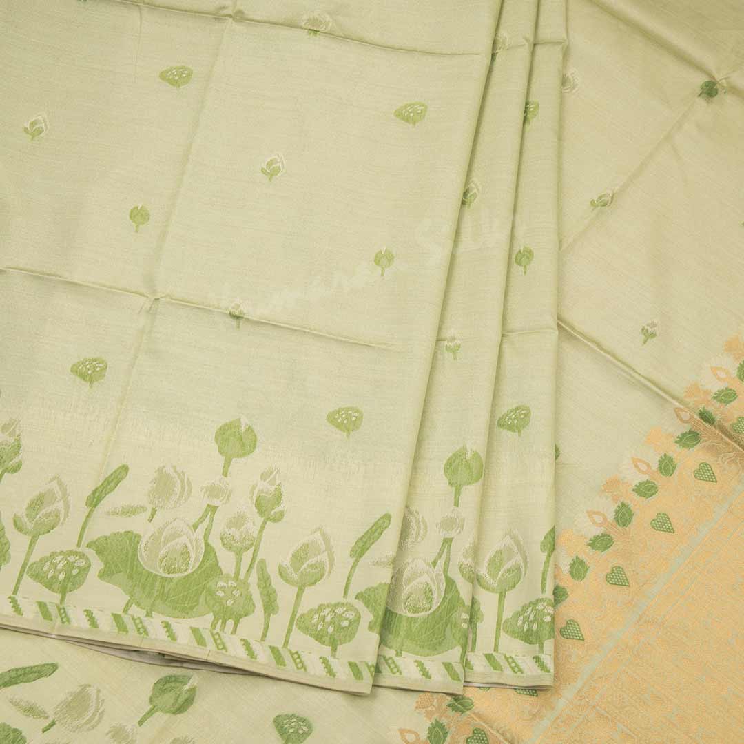 Semi Raw Silk Light Green Floral Printed Saree