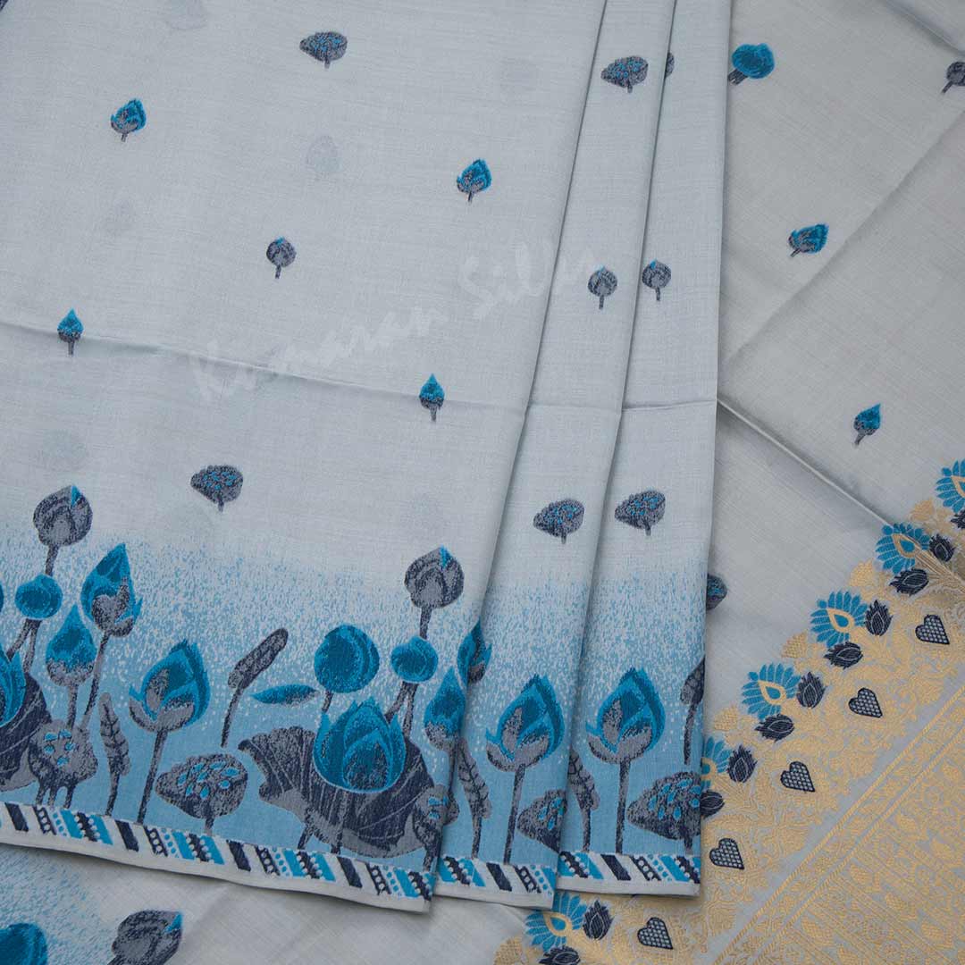 Semi Raw Silk Light Grey Floral Printed Saree