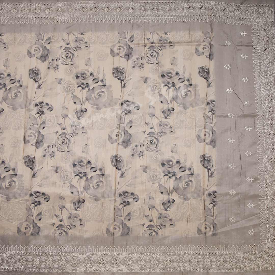 Semi Raw Silk Cream Printed Saree With Thread Border