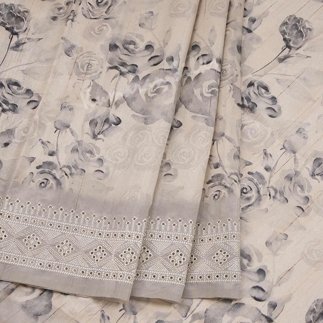 Semi Raw Silk Cream Printed Saree With Thread Border