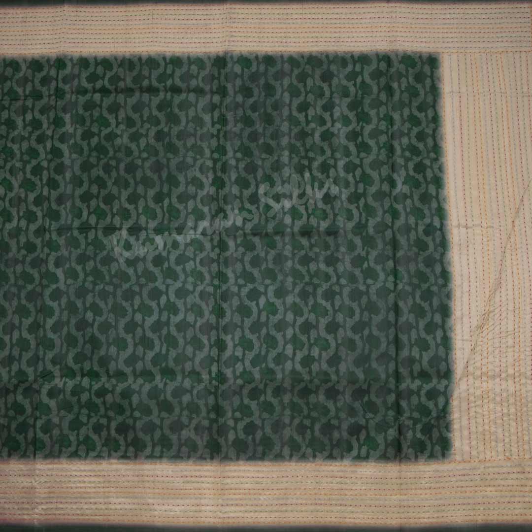 Semi Raw Silk Dark Green Printed Saree With Thread Border