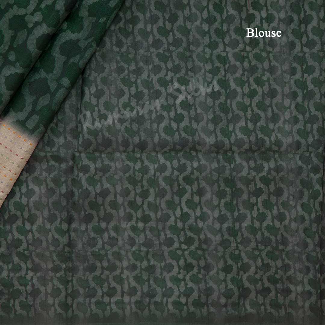 Semi Raw Silk Dark Green Printed Saree With Thread Border