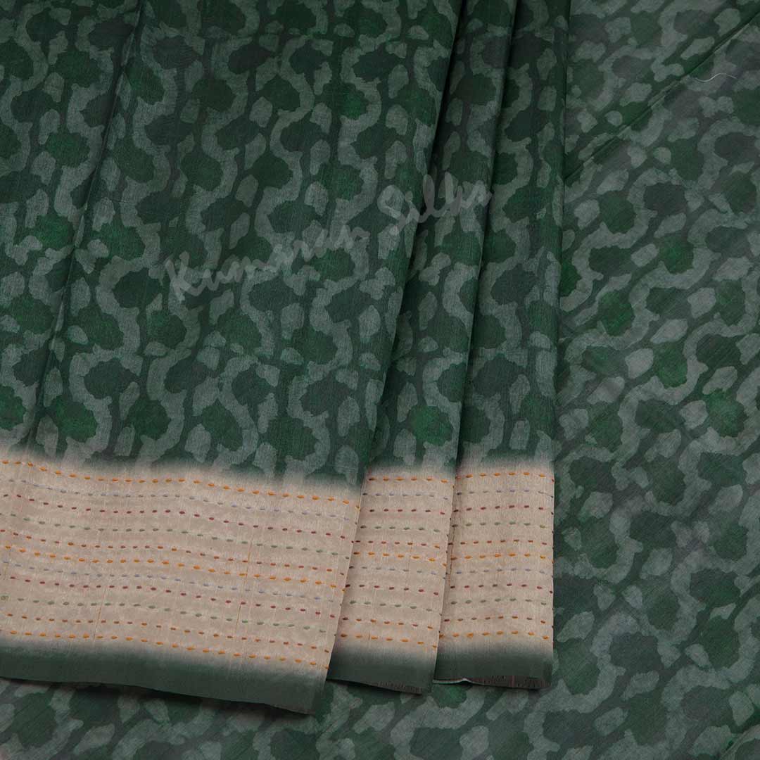 Semi Raw Silk Dark Green Printed Saree With Thread Border