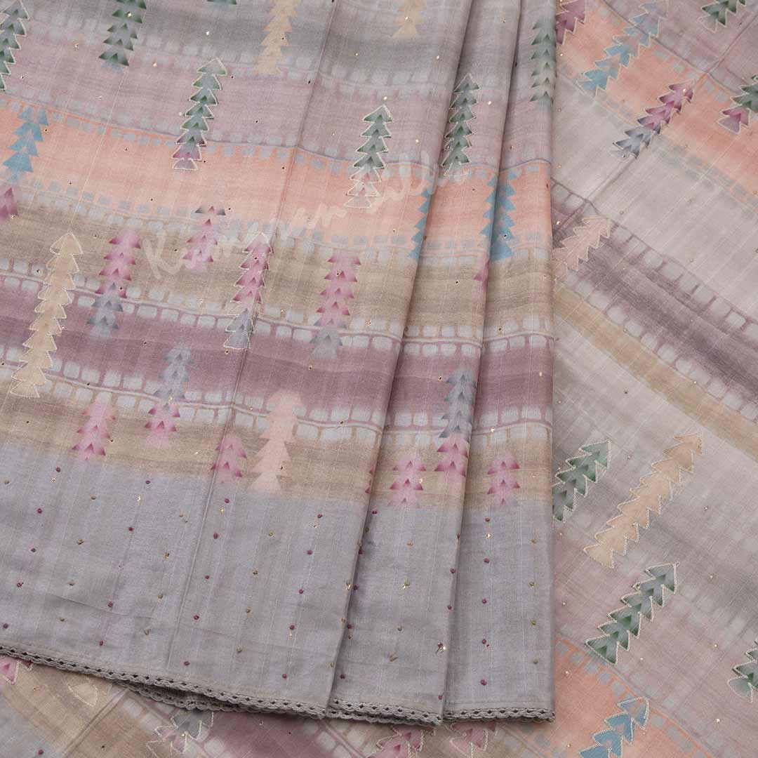 Semi Raw Silk Multi Colour Printed With Thread Embroidered Saree